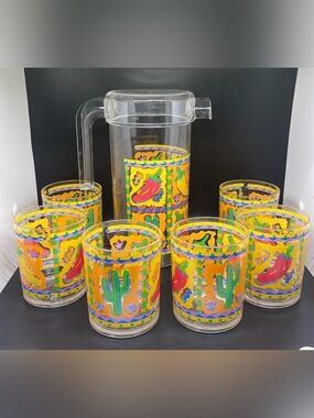 Vintage 90s Precisioncraft Southwestern Chili Pepper Cactus Pitcher Tumblers 7pc